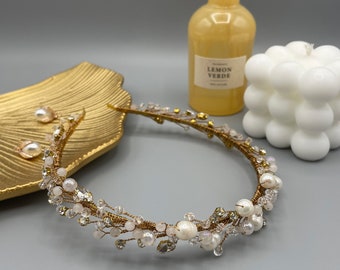 Golden Moments: Bridal Headband with Pearls and Sparkling Agate - Elegant Bridal Headpiece, Hair piece  and Hair Accessories, Gift for Her