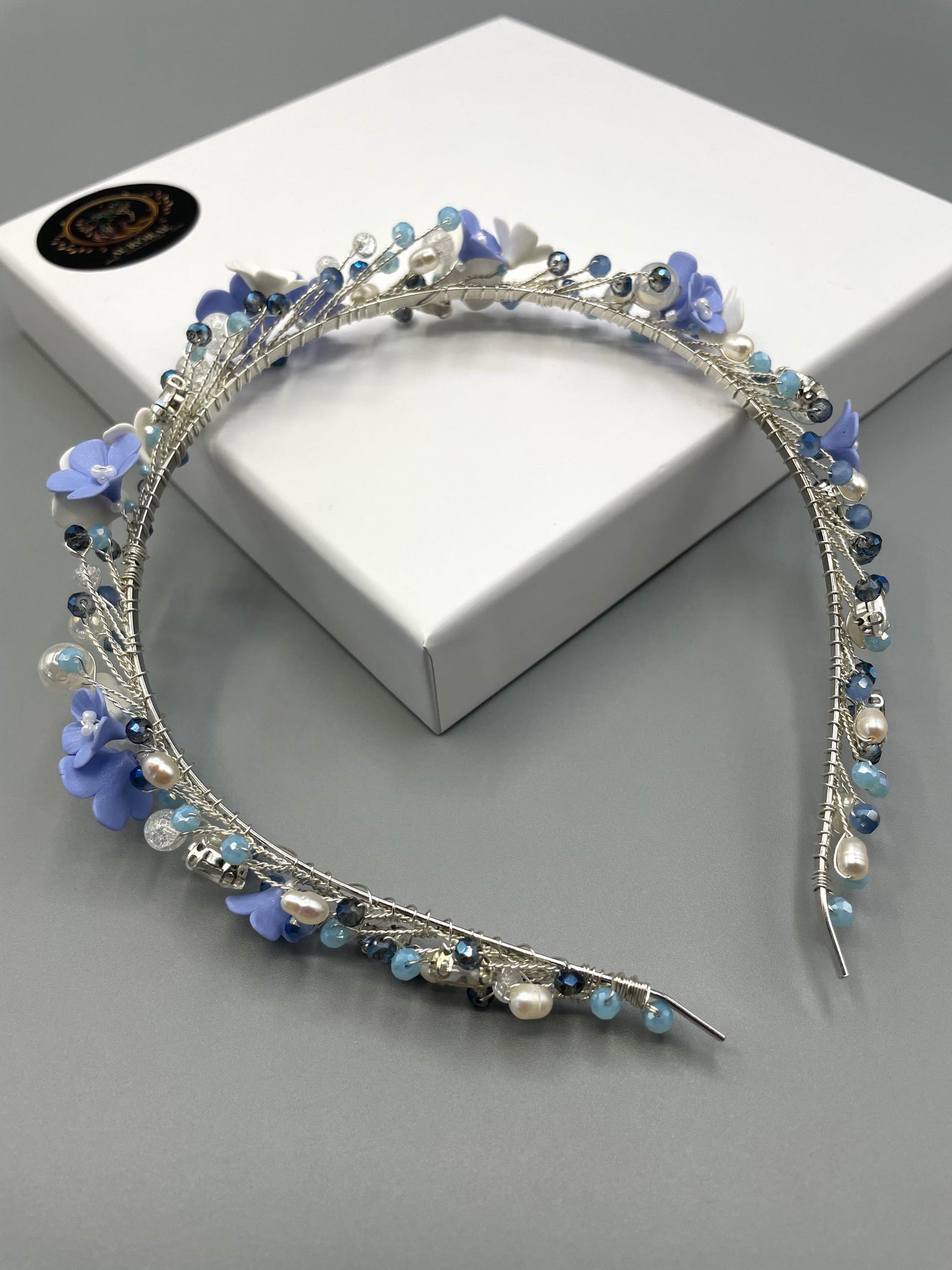 Azure Blossom: Bridal Tiara With White & Blue Flowers, Pearls ...