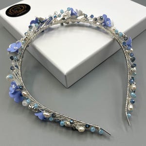 Azure Blossom: Bridal Tiara With White & Blue Flowers, Pearls ...