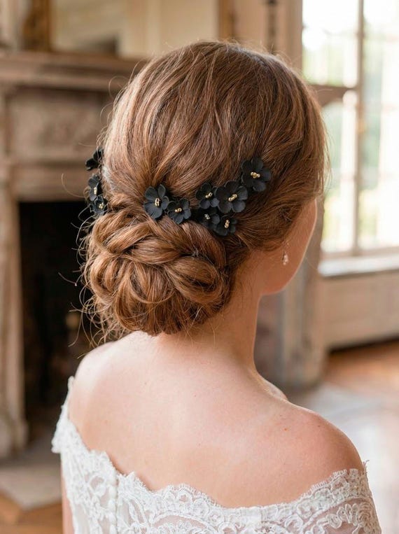 Elegant Black Floral Hair Clips Set set 4 womens floral hair clips elegant black white flower  main image 3