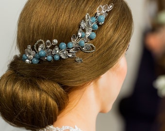 Wedding Hair Vine for Bride: Charming Handcrafted Delicate Bridal Hair Accessory with Bright Blue Aquamarine and Glass Crystals