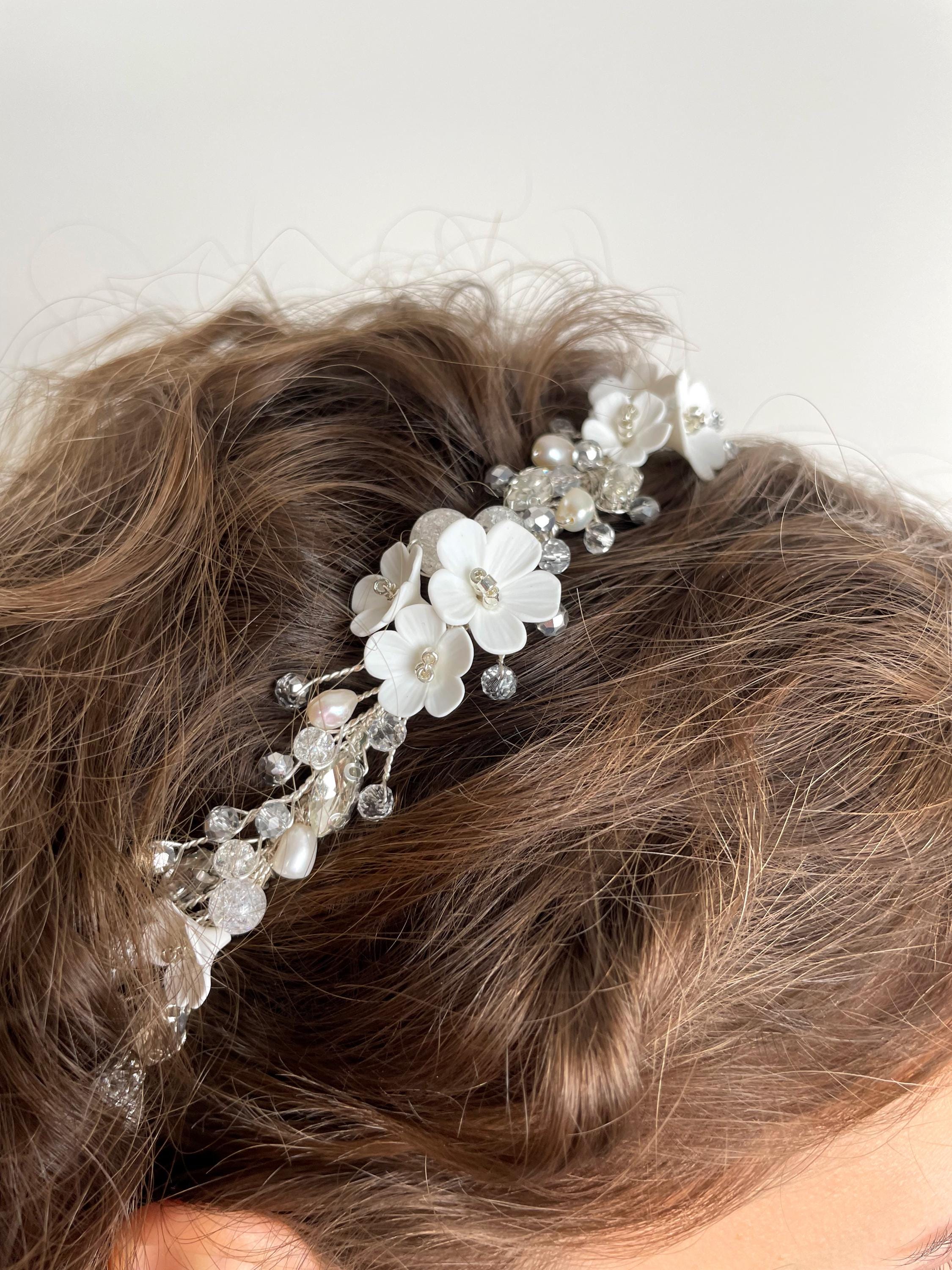 Silver Pearl and Crystal Floral Tiara - Women Accessories Tiffany Pearl and Light Sapphire Crystal Floral Tiara main image 4