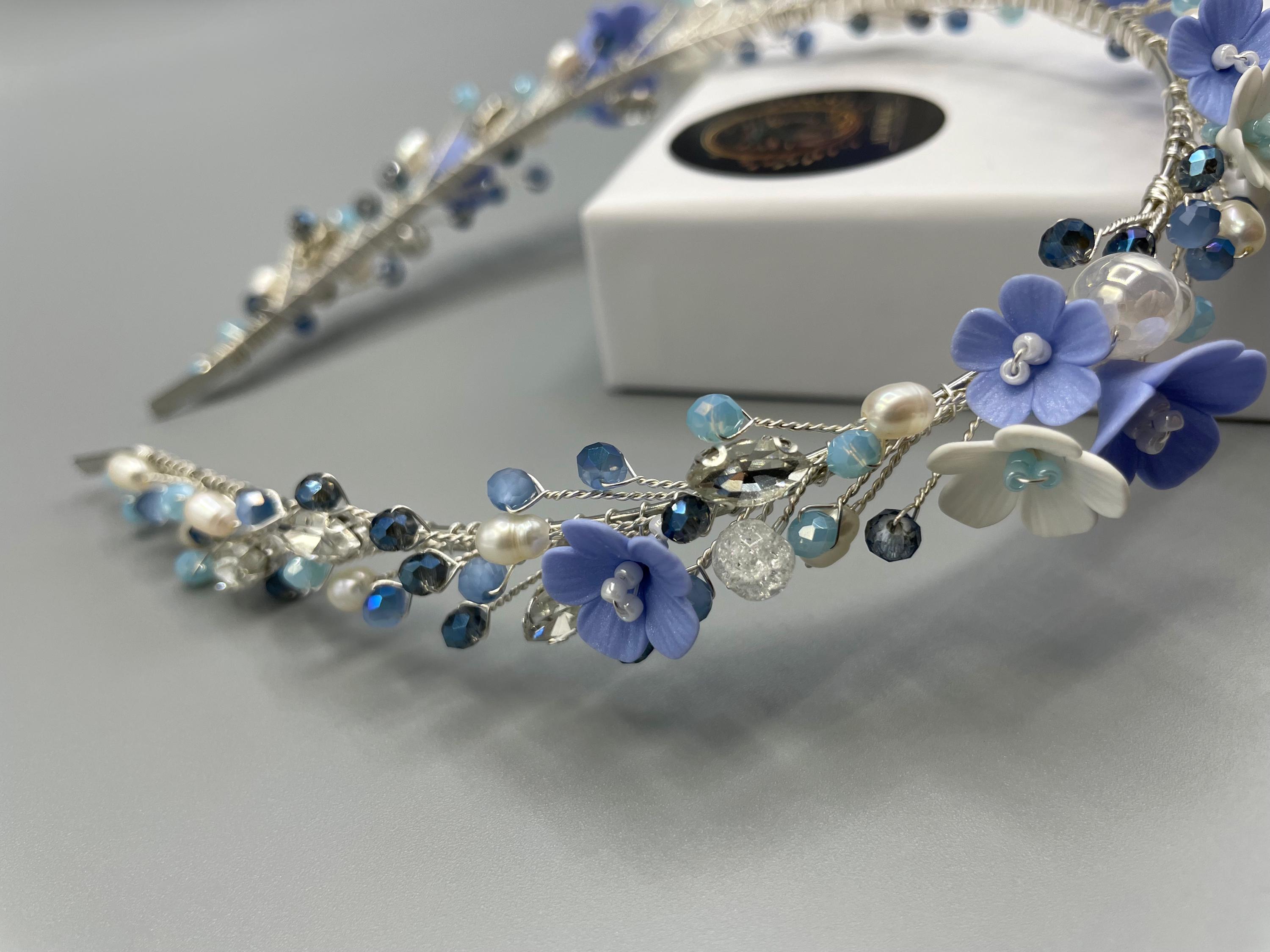Azure Blossom: Bridal Tiara With White & Blue Flowers, Pearls ...