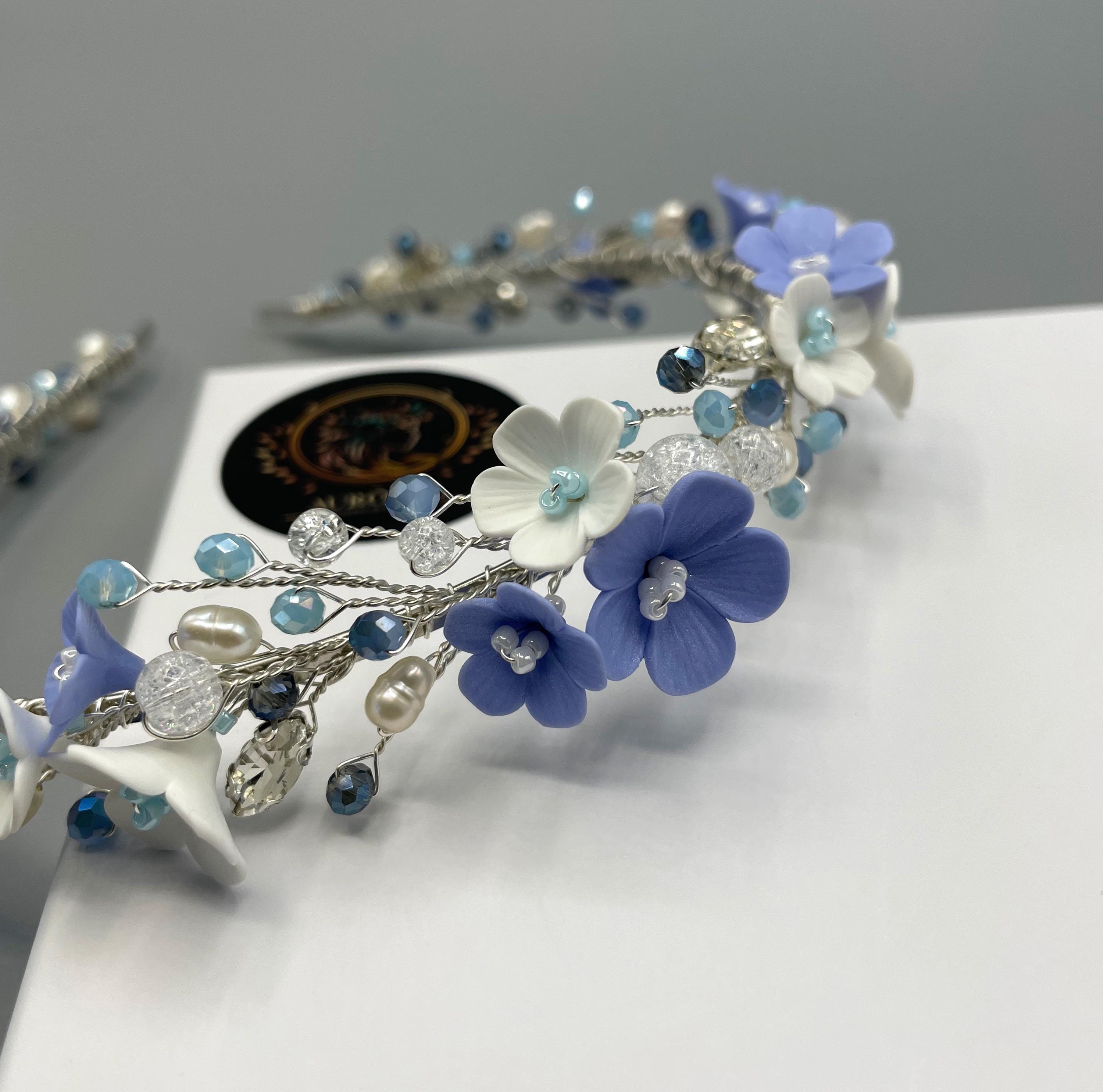 Azure Blossom: Bridal Tiara With White & Blue Flowers, Pearls ...