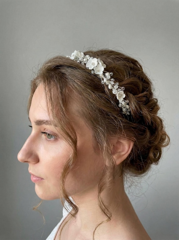 Bridal Silver Tiara With Pearls, White Flowers, Crystals  display picture 3