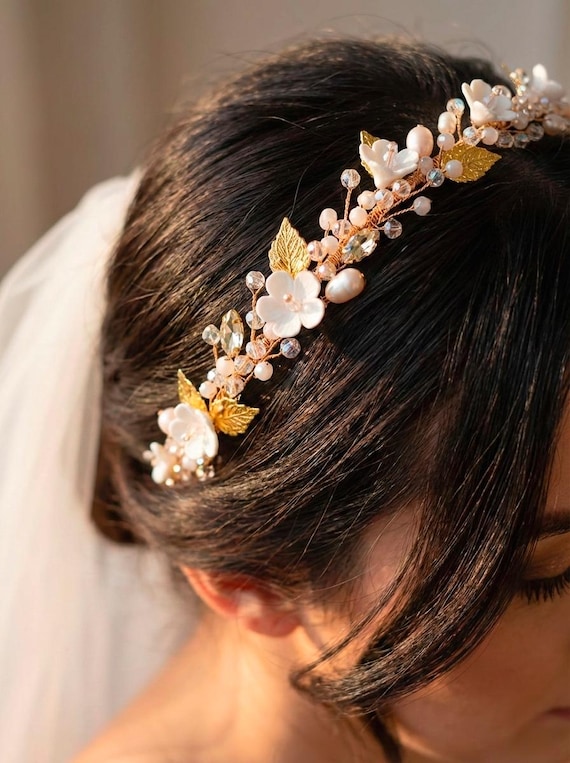Gold Bridal Headband With White Flowers, Pearls, Crystals  display picture 2