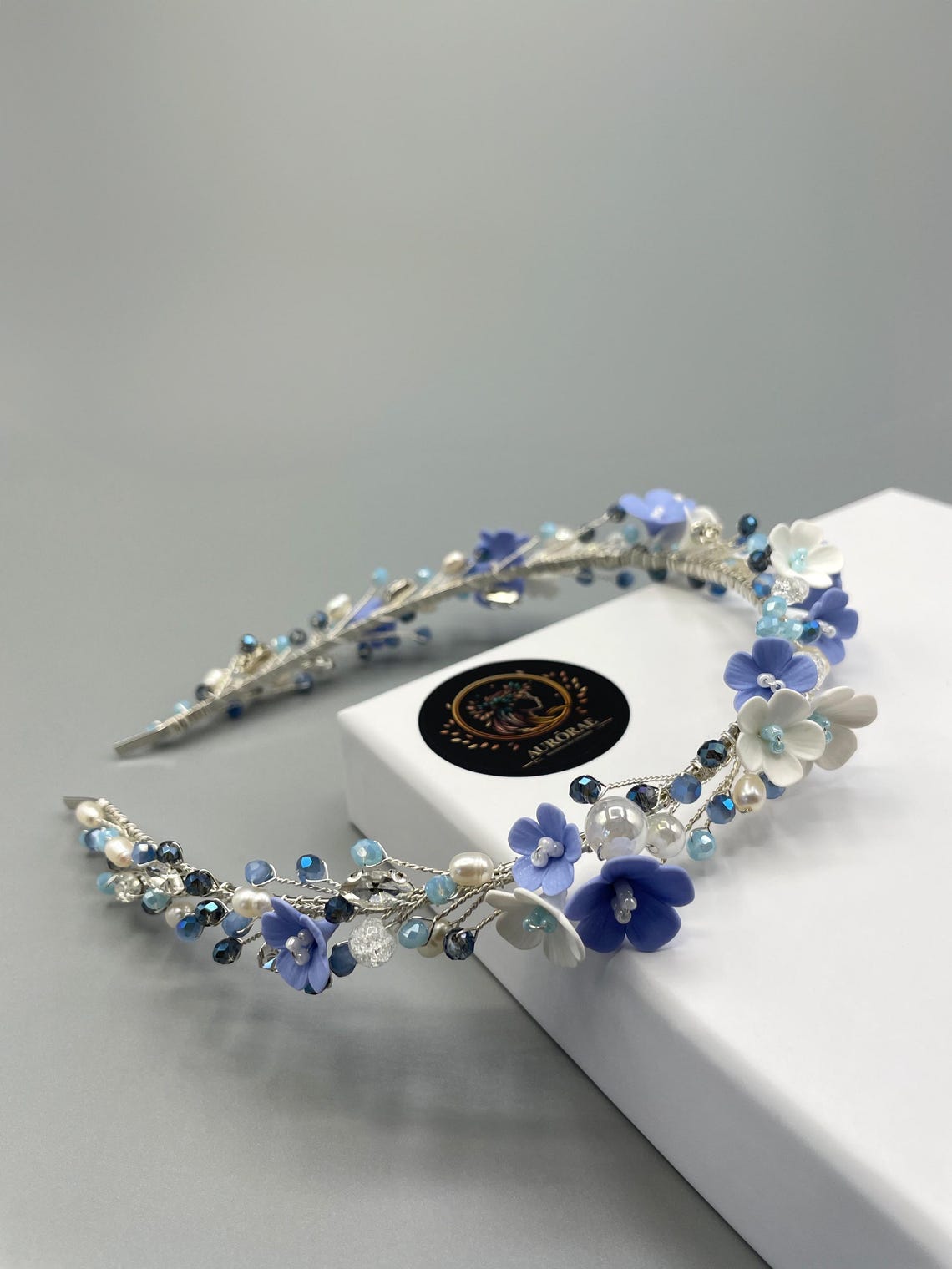 Azure Blossom: Bridal Tiara With White & Blue Flowers, Pearls ...