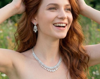 Bridal Jewellery Set: White Cubic Zirconia Necklace and Earrings – Wedding Accessories Set