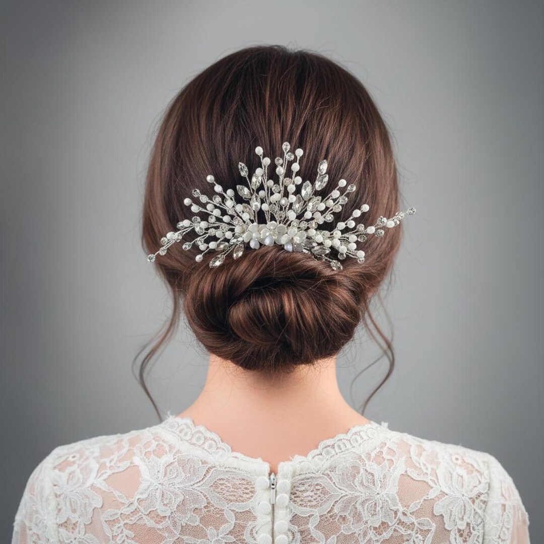 White and Silver Floral Hair Comb with Crystal Accents Hibbi Floral Crystal Comb - Bridal | Elizabeth Bower main image 2