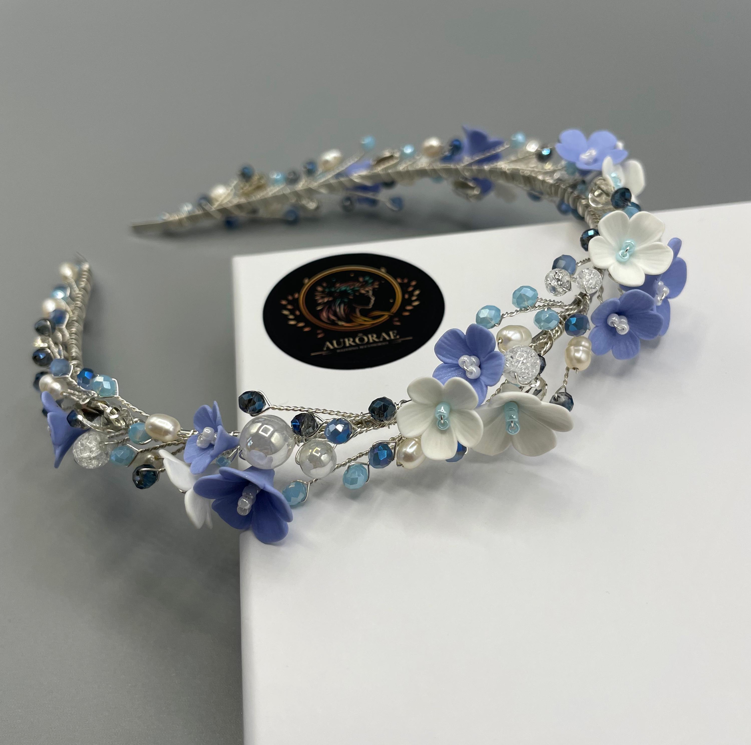 Azure Blossom: Bridal Tiara With White & Blue Flowers, Pearls ...
