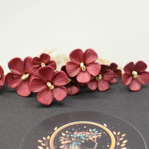 10pcs Burgundy Hair Pins – Muted Deep Red Floral Hair Accessories for Bride, Bridesmaids, or Prom –  Floral Hairpins, Gold Gift for Her