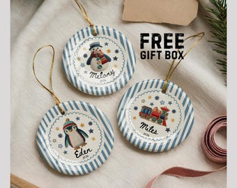 Custom Name Kids Ornament Personalized Snowman Penguin Train Christmas Ornament Cute Child Holiday Gift Ceramic Christmas Keepsake