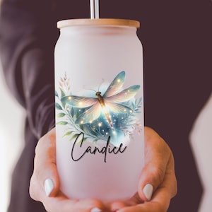 Personalized Firefly Cup, Watercolor Firefly Frosted Beer Glass Floral Firefly Iced Coffee Cup with Lid and Straw, Custom Firefly Lover Gift