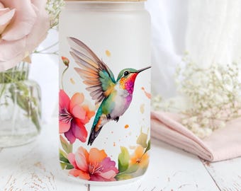 Personalized Hummingbird Glass Cup With Name, Custom Iced Coffee Cup Gift For Her, Frosted Glass Bird Coffee Cup Gift For Hummingbird Lover