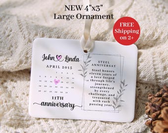 Custom 11 Year Wedding Anniversary Calendar Ornament Personalized Steel 11th Anniversary Milestone Gift Couples Keepsake Gift for Partner