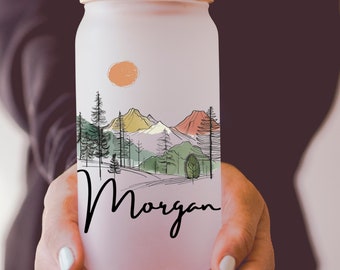 Mountain Drinkware Nature Lover Gift, Personalized Mountains Frosted Glass Cup, Mountains Iced Coffee Cup, Mountains Beer Glass Can Outdoors
