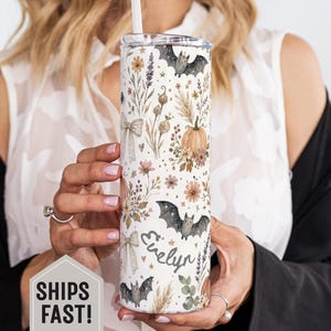 Cottagecore Bats Pumpkins Fall Tumbler Personalized Halloween 20 oz Skinny Tumbler with Straw Cute Botanical Halloween Cup with Name