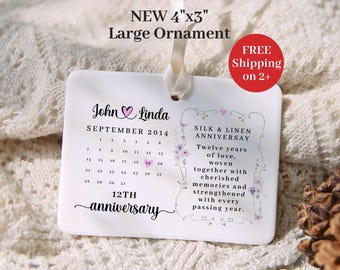 Custom 12 Year Wedding Anniversary Calendar Ornament Personalized Linen Silk 12th Anniversary Milestone Gift Couples Keepsake Partner Gift