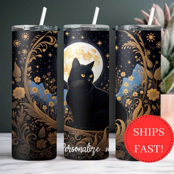 Personalized Black Cat Tumbler with Moon, Cat Mom Gift For Halloween, Halloween Cat Tumbler, Black Cat Gift, Goblincore Tumbler