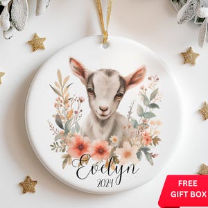 Custom Baby Goat Christmas Ornament with Name, Personalized Floral Goat Ornament, Christmas Farm Animal Ornament, Cute Baby Animal Ornament