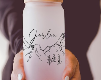 Personalized Mountains Frosted Glass Cup, Mountain Drinkware Nature Lover Gift, Mountains Iced Coffee Cup, Mountains Beer Glass Can Outdoors