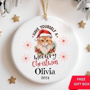 Meowy Christmas Ornament, Personalized Christmas Cat Ornament, Cat Lover Holiday Gift,  Custom Cat Mom Christmas Gift, Christmas Santa Cat
