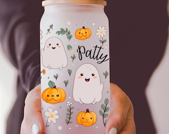 Halloween Glass Tumbler Cup Personalized Halloween Lover Gift Cute Ghost Tumbler Pumpkins Iced Coffee Glass with Straw Spooky Season Gift
