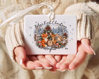 Woodland Baby First Christmas Ornament Personalized Large Ceramic Ornament Woodland Animals Christmas Baby Keepsake New Parent Gift