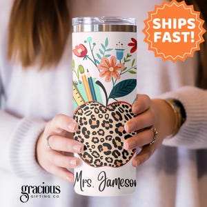 Custom Teacher Apple Tumbler with Straw, Animal Print Teacher Gift, Back to School Teacher Coffee, Teacher Appreciation, Cute Teacher Gift