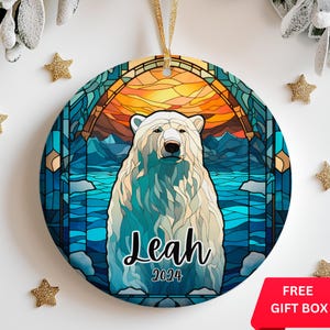 Stained Glass Polar Bear Ornament with Name - Stained Glass Ornament, Polar Bear Lover Gift, Personalized Christmas Ornament Gift Keepsake