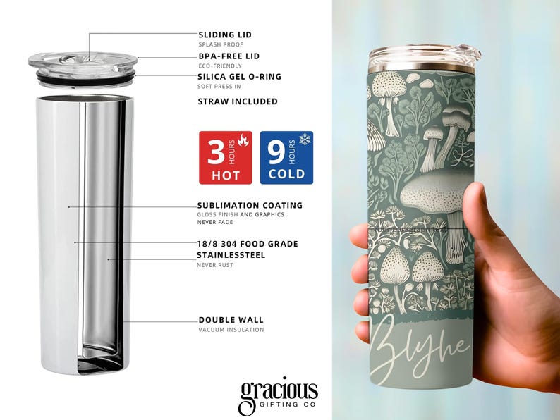Puede incluir: Un vaso de acero inoxidable con un dise&ntilde;o de setas en tonos verdes y blancos. El vaso tiene una tapa deslizante, no contiene BPA y mantiene las bebidas calientes durante 3 horas y fr&iacute;as durante 9 horas. El nombre "Blythe" est&aacute; impreso.