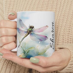 Watercolor Dragonfly Mug, Personalized Dragonfly Cup, Dragonfly Lover Gift, Nature Inspired Tea Mug, Unique Birthday Present with Name