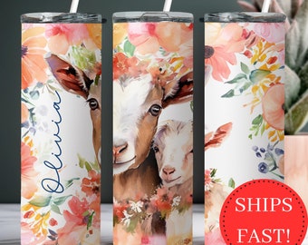 Floral Goat Mama Tumbler Personalized Goat Gift for Goat Lover Gift for Her Custom Goat Tumbler with Straw Cute Goat Cup with Goat and Kid