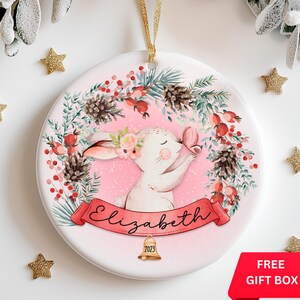 Pink Baby Girl Christmas Ornament - Personalized Rabbit Ornament for Girl - Custom Girls Christmas Ornament with Name Year