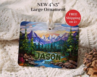 Mountains Christmas Ornament Personalized Mountain Lover Outdoors Ornament Man Adventure Hiker Gift Stained Glass Ornament For Him For Dad
