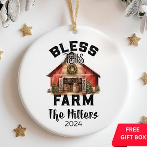 Bless This Farm Christmas Ornament, Personalized Barn Ornament With Name, Farmhouse Christmas Tree Ornament, Custom Family Farm Ornament