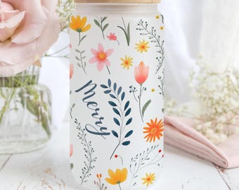 Personalized Glass Cup Retro Floral Iced Coffee Custom Can Glass Lid and Straw, Bridesmaid Gift Bachelorette Glass Cup, Floral Glass Tumbler