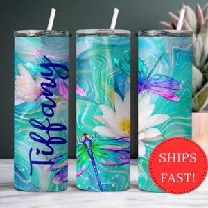 Personalized Dragonfly Lotus Flower Tumbler with Name, Floral Dragonfly Tumbler Gift For Her, Floral Tumbler Gift for Women, Dragonfly Lover