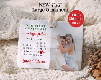 First Christmas Engaged Photo Ornament Personalized Engaged Christmas Calendar Date Ornament Ceramic Custom Couples Engagement Keepsake Gift