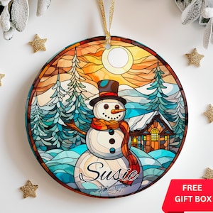 Stained Glass Snowman Ornament with Name, Snowman Christmas Ornament, Snowman Gift, Personalized Snowman Keepsake Ceramic Ornament