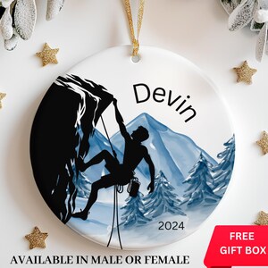 Personalized Rock Climber Ornament with Mountains - Rock Climbing Ornament, Rock Climber Gift, Custom Outdoors Man Ornament Gift Keepsake