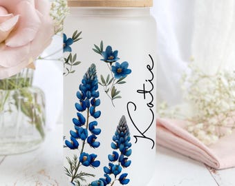 Blue Bonnets Glass Cup Personalized Floral Iced Coffee Custom Can Glass, Texas Bridesmaid Gift Bachelorette Glass Cup, Floral Glass Tumbler