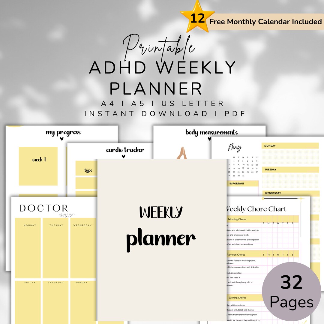 Printable ADHD Weekly Planner, Daily Planner, Weekly Planner, Monthly ...