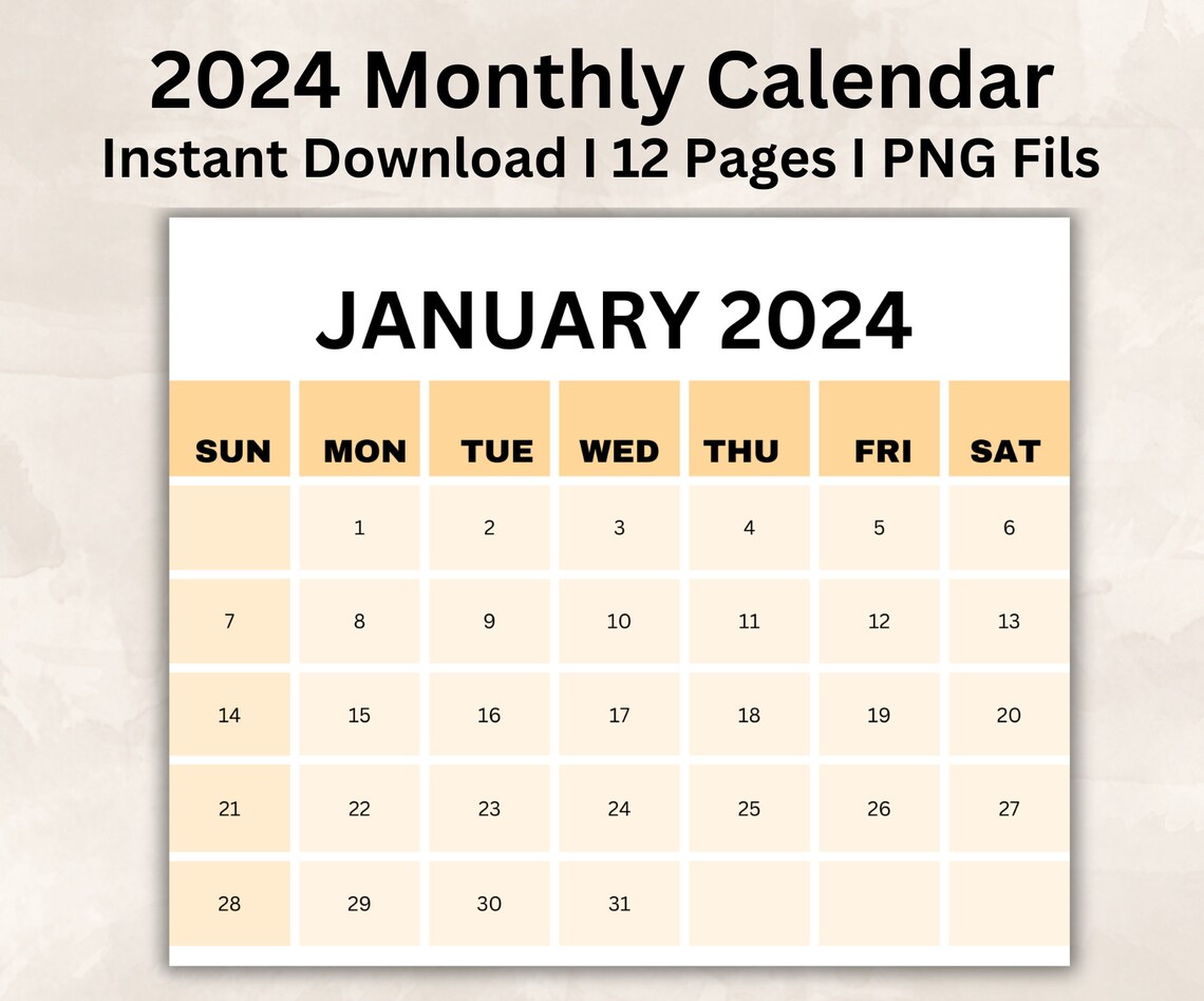 2024 Printable Monthly Calendar Templet, Yearly Calendar, Home Wall
