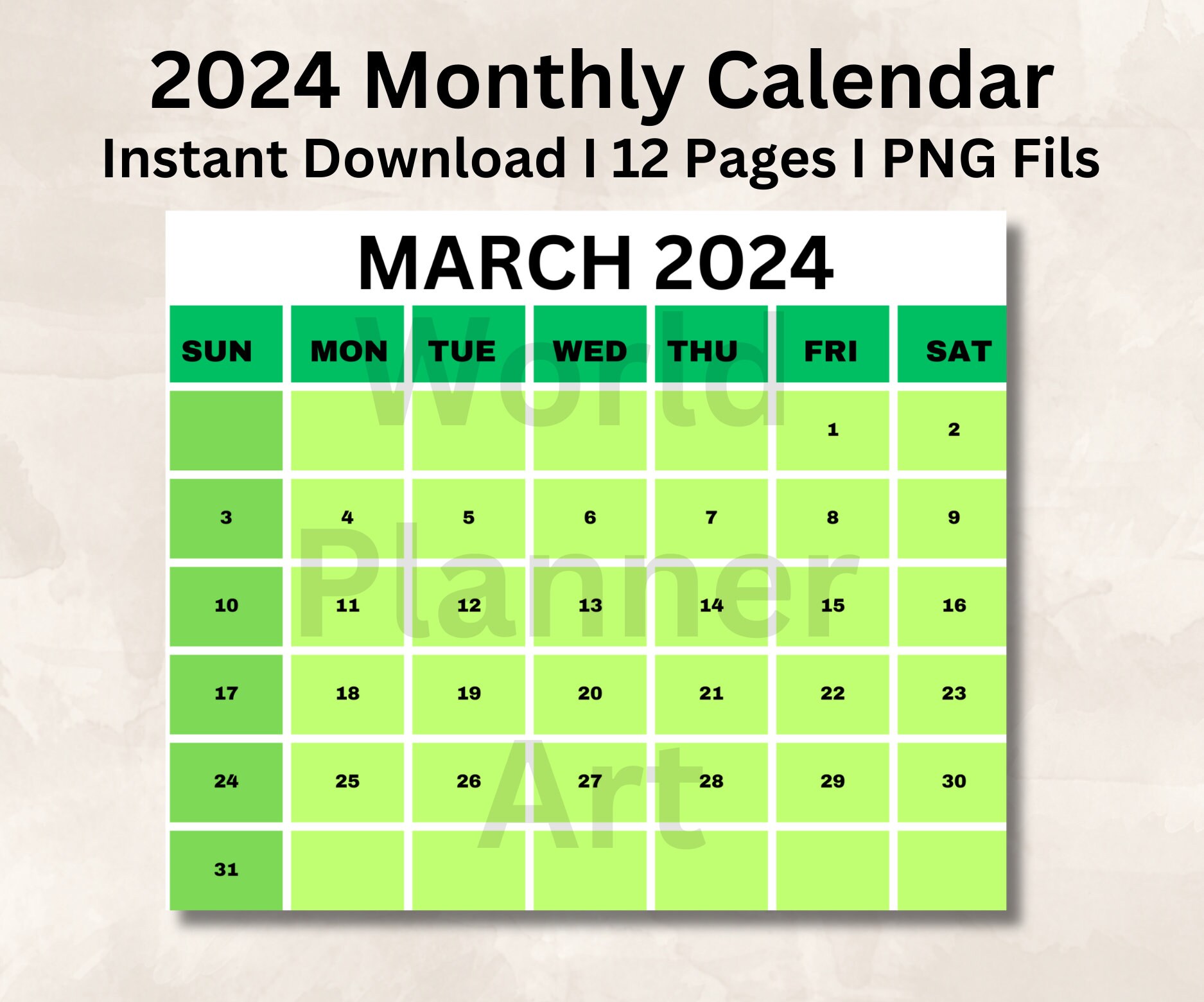2024 Printable Monthly Calendar Templet, Yearly Calendar, Home Wall