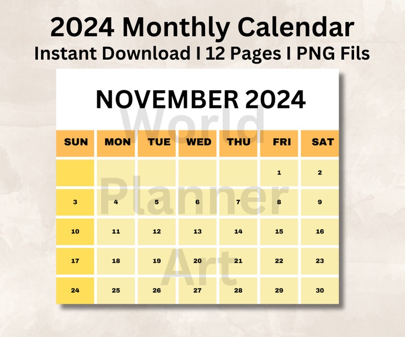 2024 Printable Monthly Calendar Templet, Yearly Calendar, Home Wall