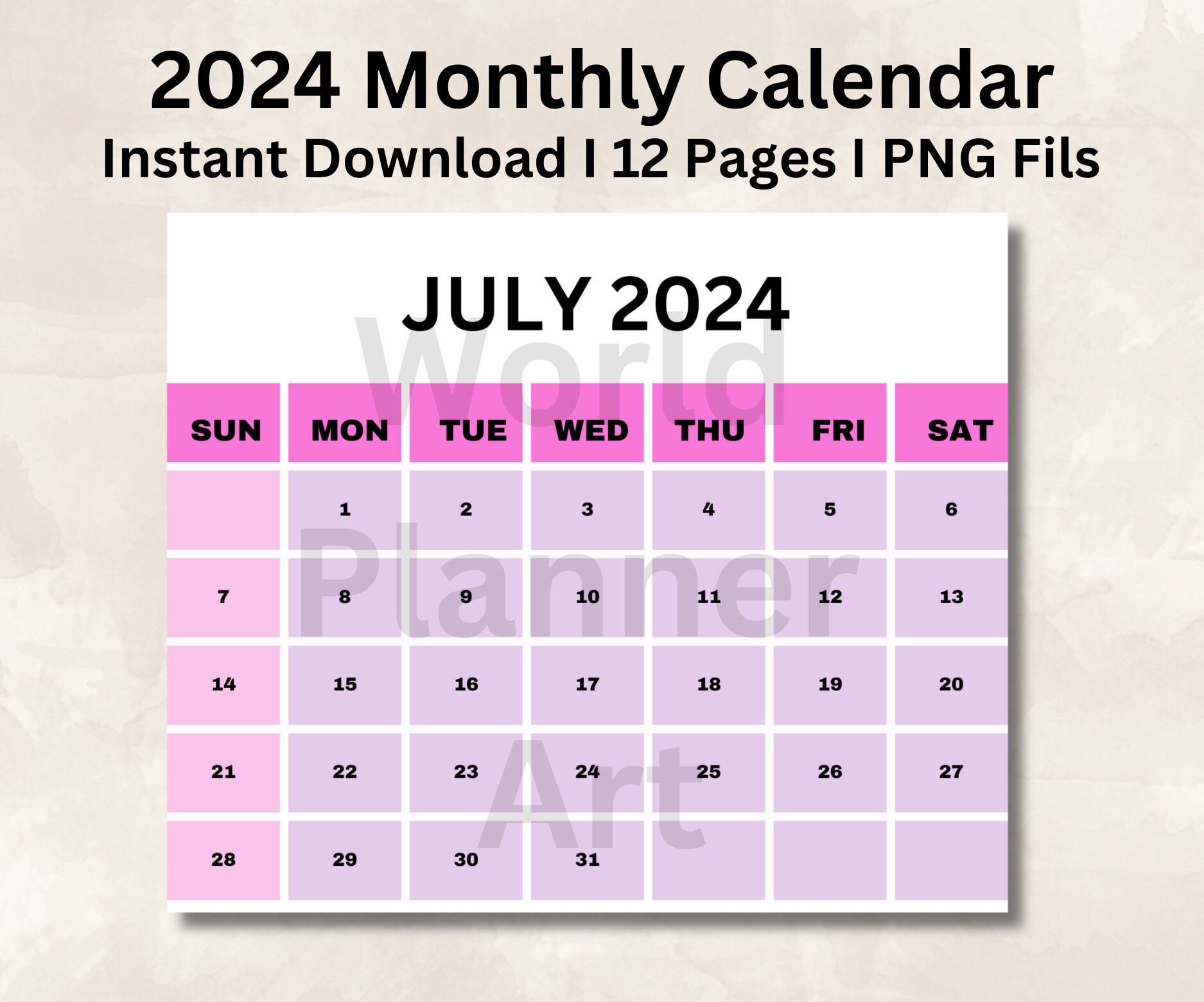 2024 Printable Monthly Calendar Templet, Yearly Calendar, Home Wall