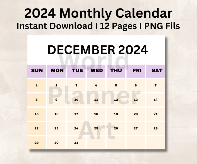 2024 Printable Monthly Calendar Templet, Yearly Calendar, Home Wall