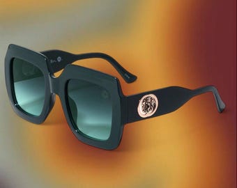 Oversized Butterfly Sunglasses, Green Square Frame, UV400 Protection