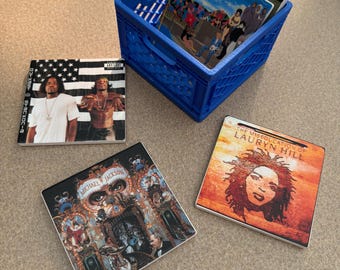 Vinyl Album Cover Ceramic Coasters with 3D-Printed Record Crate Holder (Set of 4)